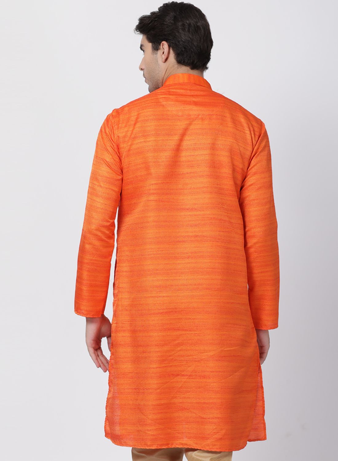 Men's Orange Cotton Silk Blend Kurta