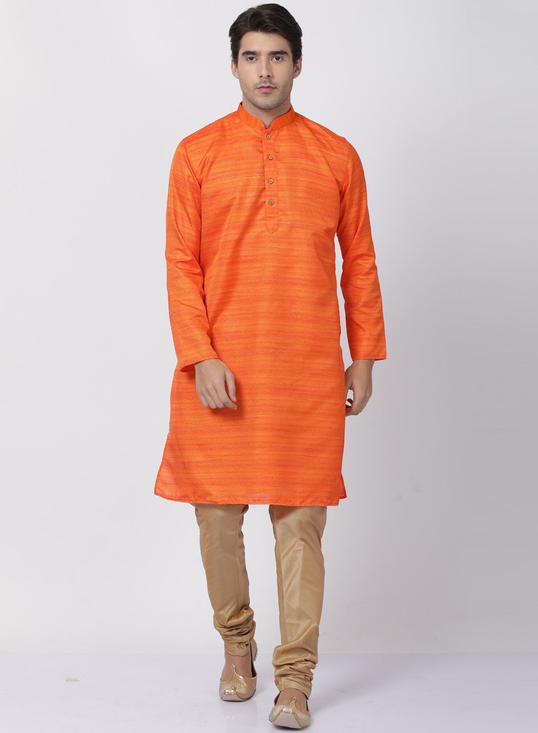 Men's Orange Cotton Silk Blend Kurta