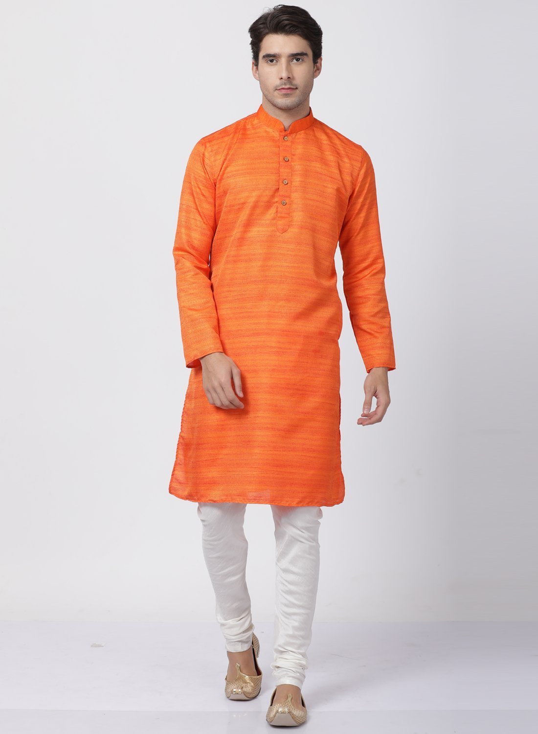 Men's Orange Cotton Silk Blend Kurta and Pyjama Set