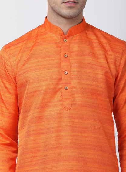 Men's Orange Cotton Silk Blend Kurta and Pyjama Set