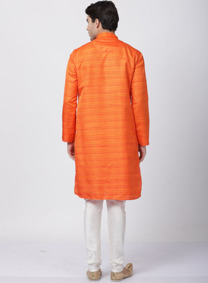 Men's Orange Cotton Silk Blend Kurta and Pyjama Set