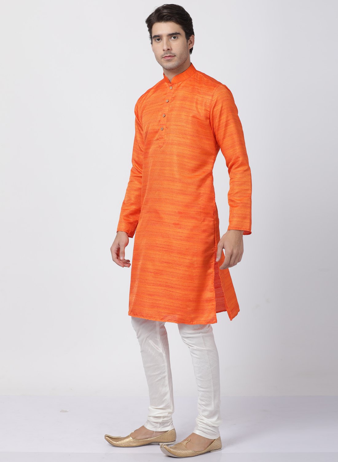 Men's Orange Cotton Silk Blend Kurta and Pyjama Set