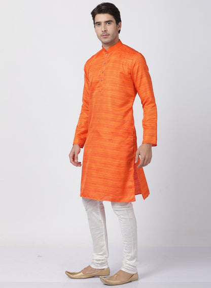 Men's Orange Cotton Silk Blend Kurta and Pyjama Set