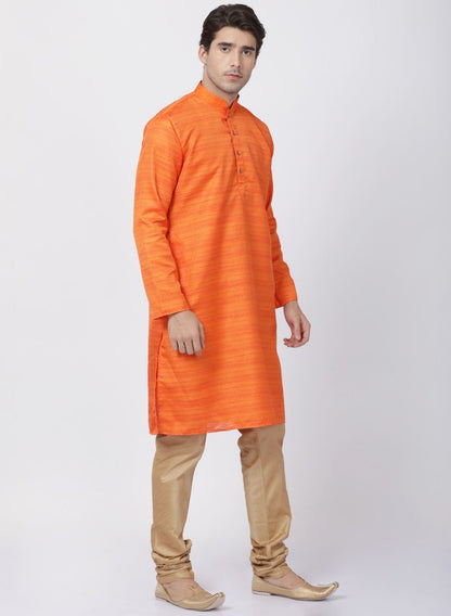 Men's Orange Cotton Silk Blend Kurta and Pyjama Set