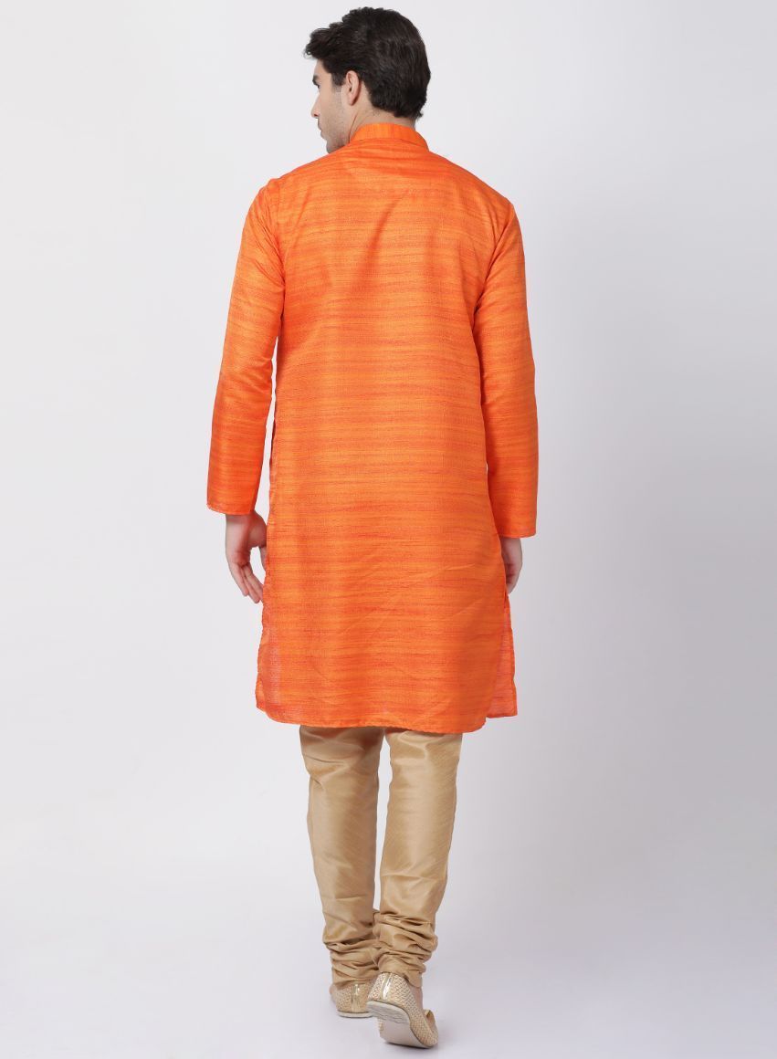 Men's Orange Cotton Silk Blend Kurta and Pyjama Set