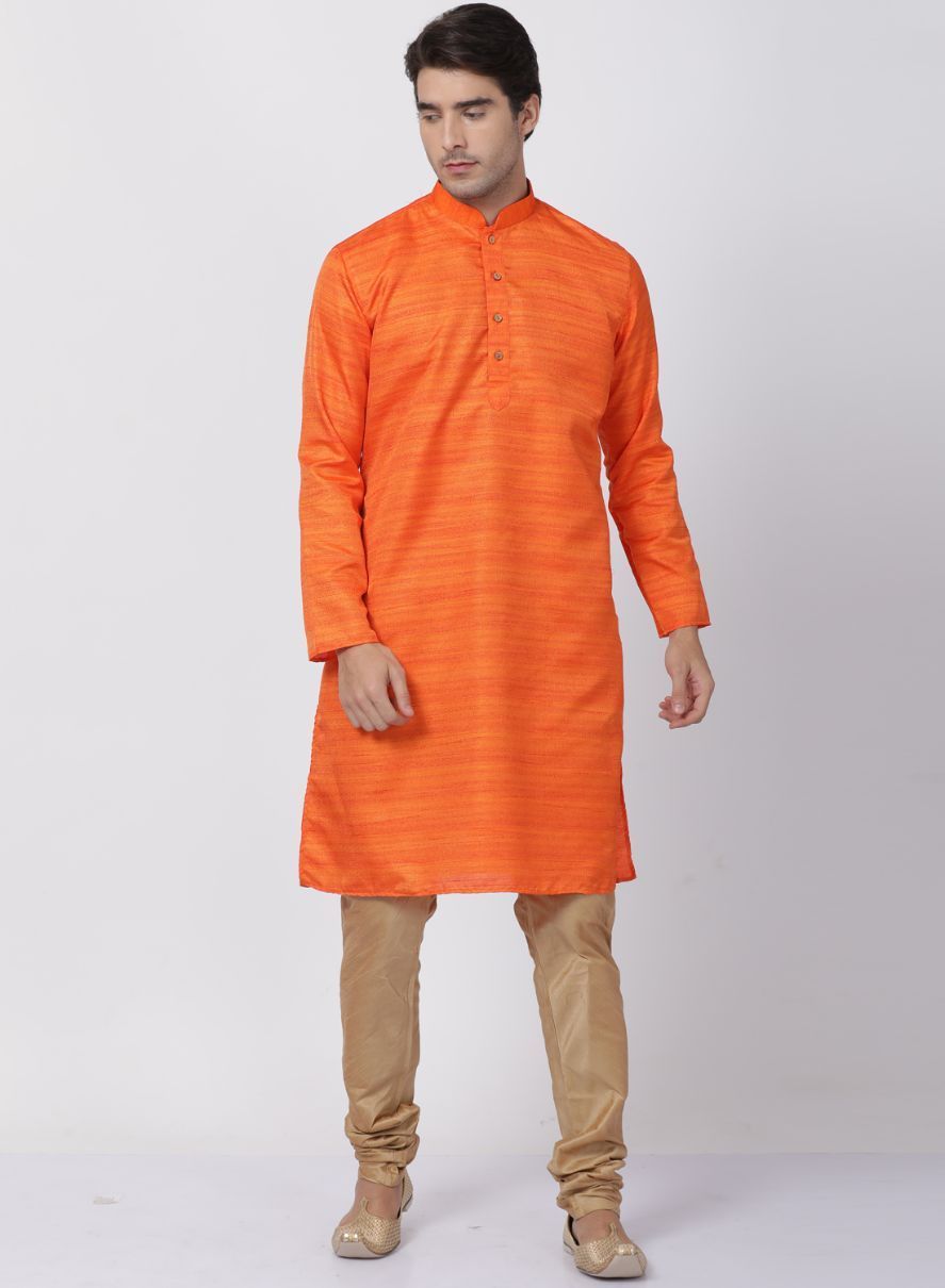 Men's Orange Cotton Silk Blend Kurta and Pyjama Set