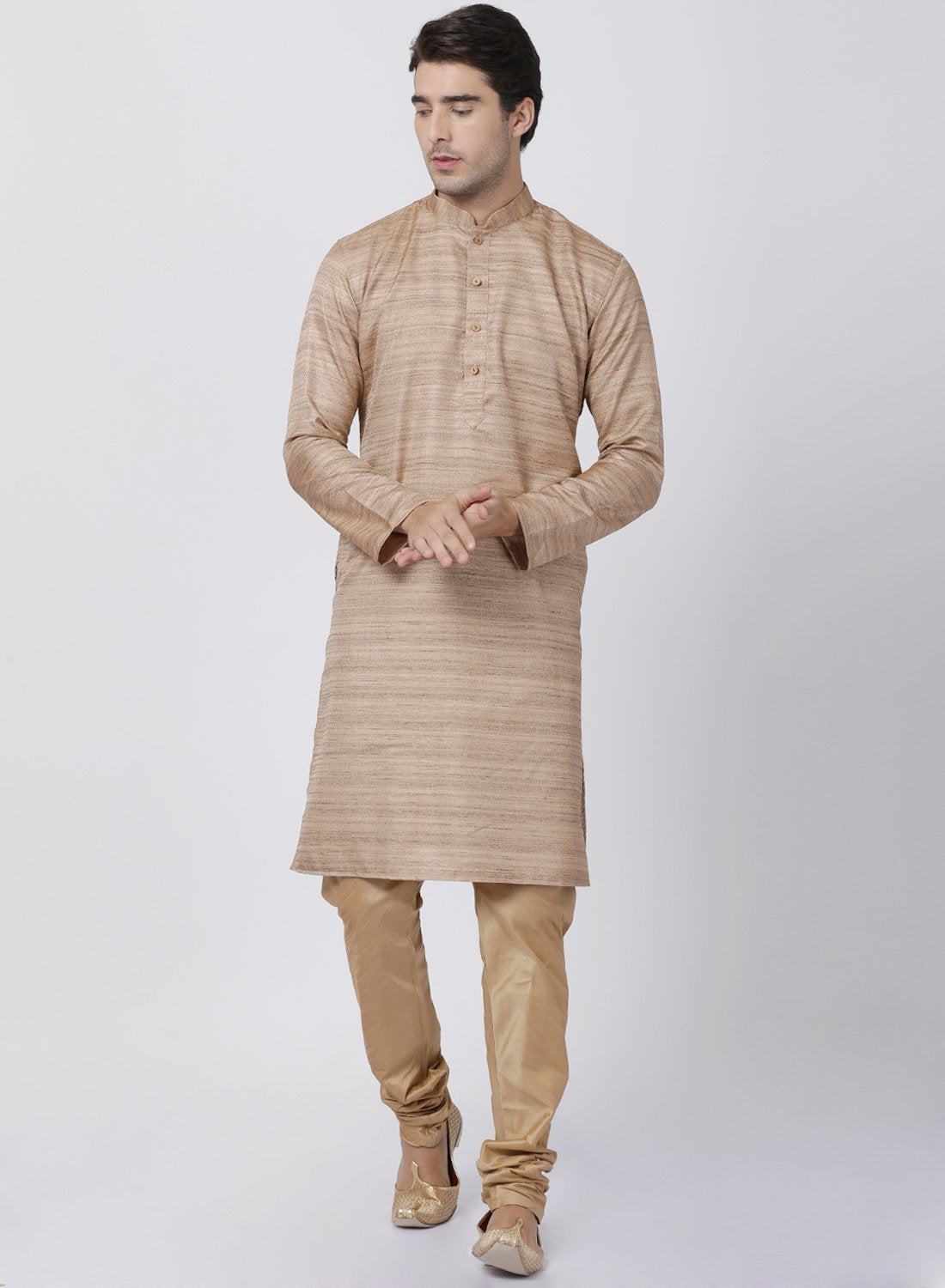 Men's Gold Cotton Silk Blend Kurta and Pyjama Set