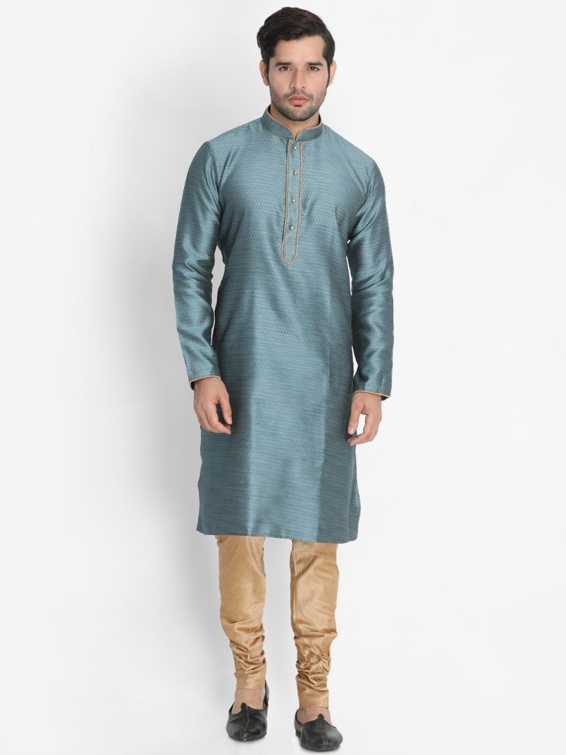 Men's Light Blue Cotton Silk Blend Kurta