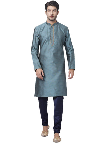 Men's Light Blue Cotton Silk Blend Kurta and Pyjama Set