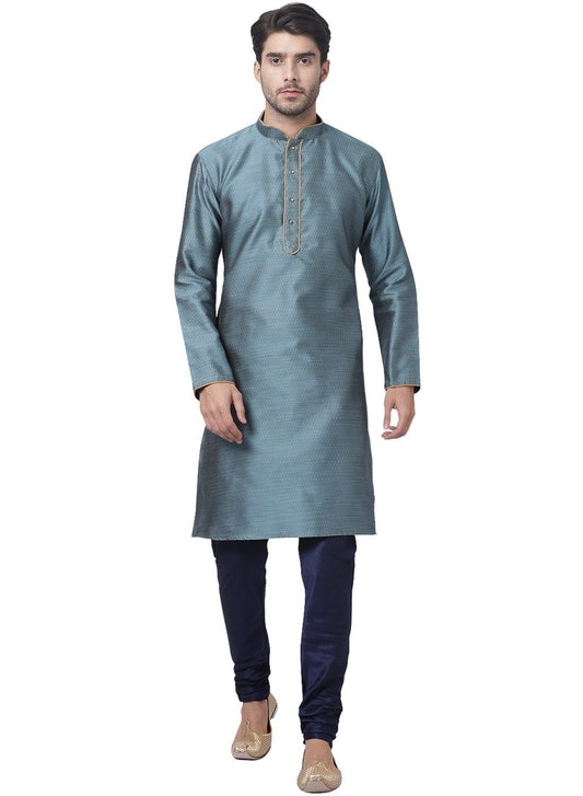 Men's Light Blue Cotton Silk Blend Kurta and Pyjama Set