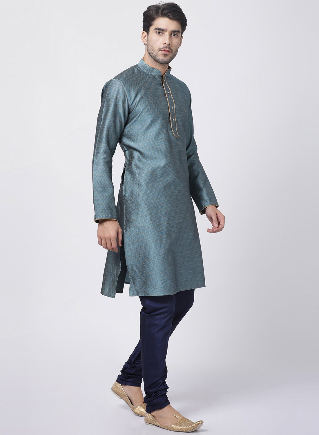 Men's Light Blue Cotton Silk Blend Kurta and Pyjama Set