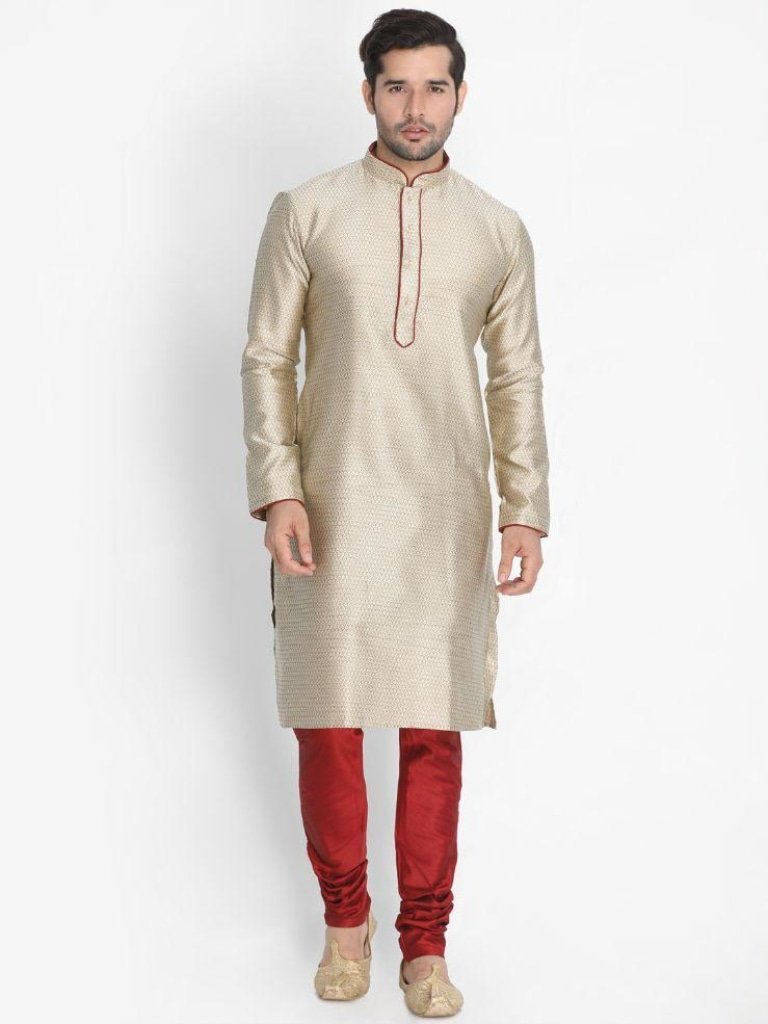 Men's Beige Cotton Silk Blend Kurta