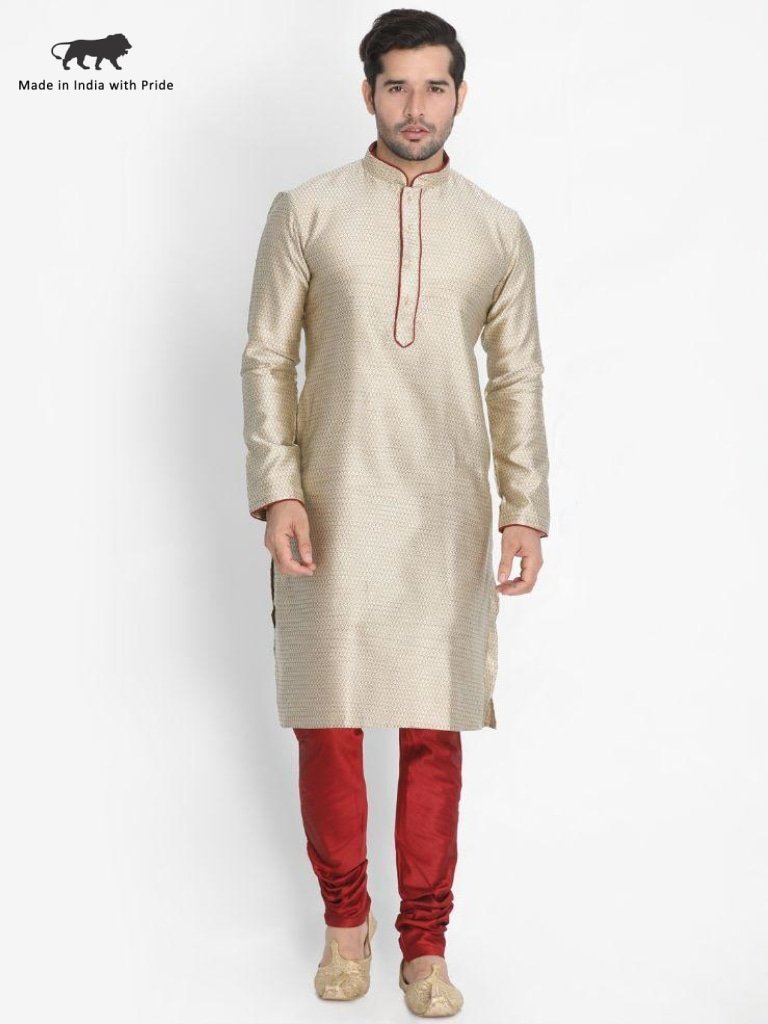 Men's Beige Cotton Silk Blend Kurta and Pyjama Set