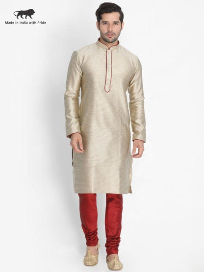 Men's Beige Cotton Silk Blend Kurta and Pyjama Set