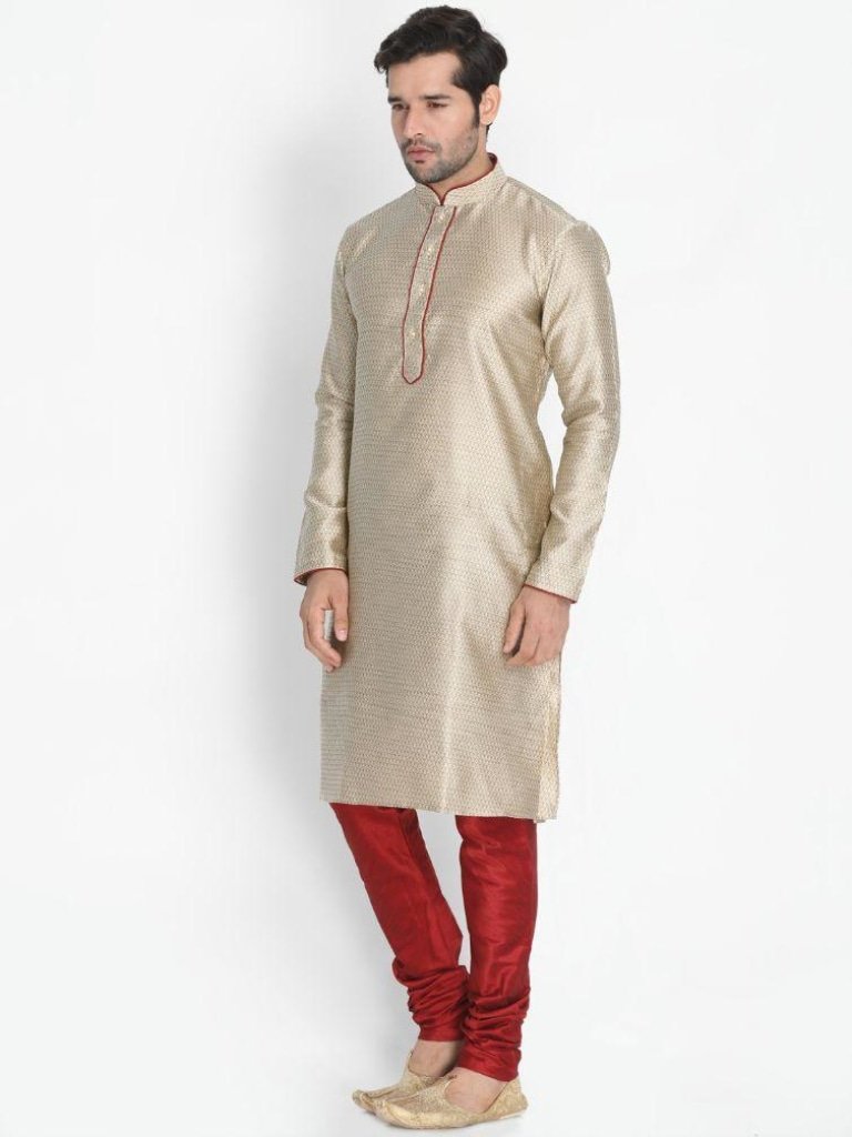Men's Beige Cotton Silk Blend Kurta and Pyjama Set