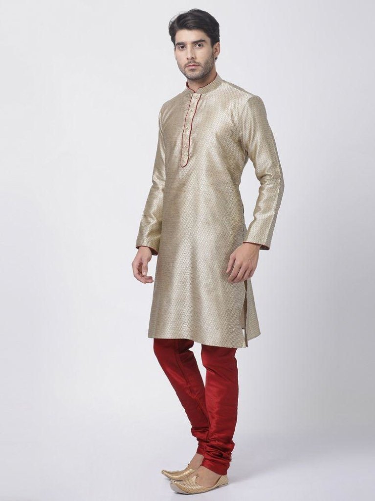 Men's Beige Cotton Silk Blend Kurta and Pyjama Set