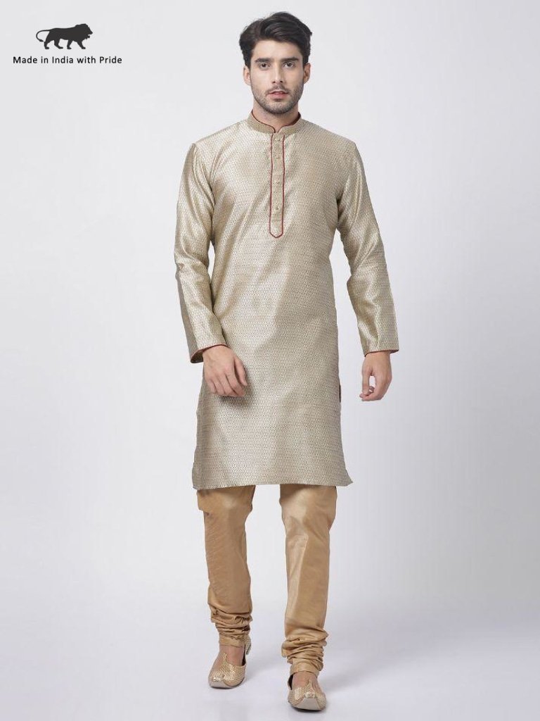 Men's Beige Cotton Silk Blend Kurta and Pyjama Set