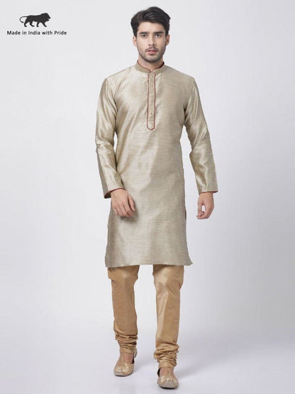 Men's Beige Cotton Silk Blend Kurta and Pyjama Set