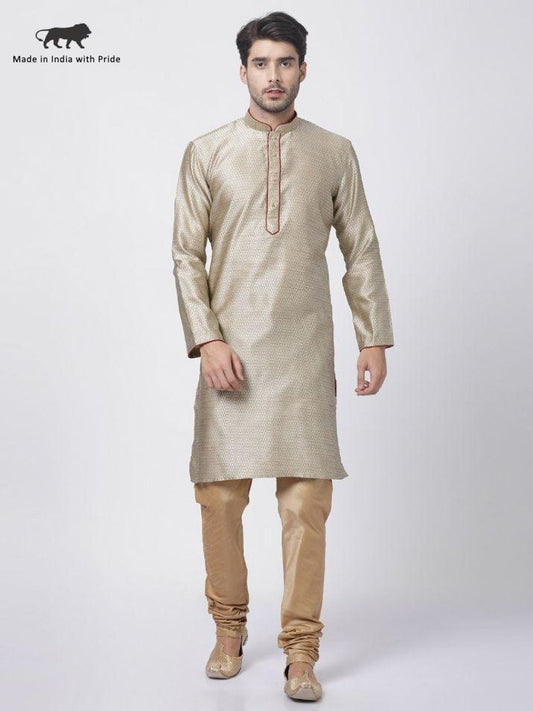 Men's Beige Cotton Silk Blend Kurta and Pyjama Set