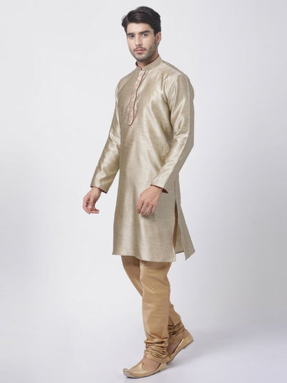 Men's Beige Cotton Silk Blend Kurta and Pyjama Set