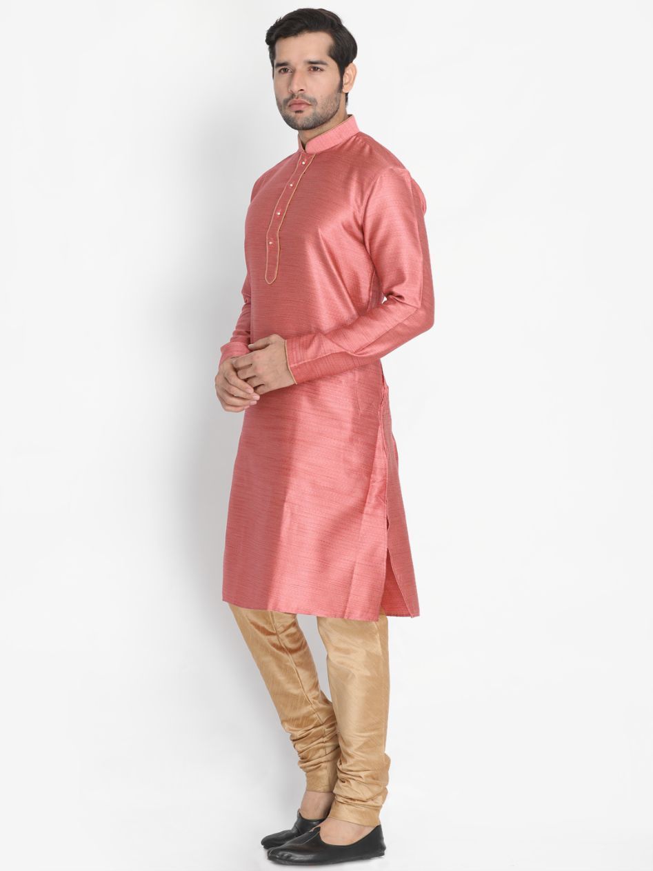 Men's Pink Cotton Silk Blend Kurta and Pyjama Set