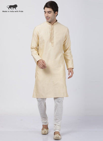 Men's Beige Cotton Silk Blend Kurta and Pyjama Set