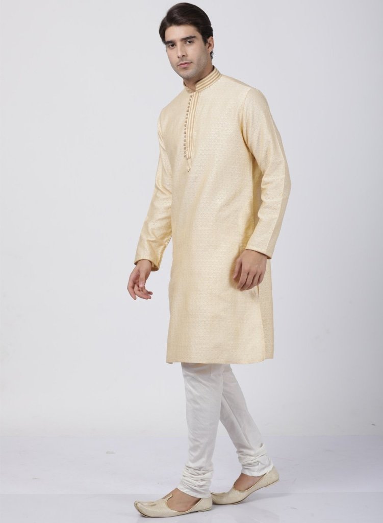 Men's Beige Cotton Silk Blend Kurta and Pyjama Set