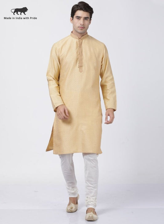 Men's Beige Cotton Silk Blend Kurta and Pyjama Set