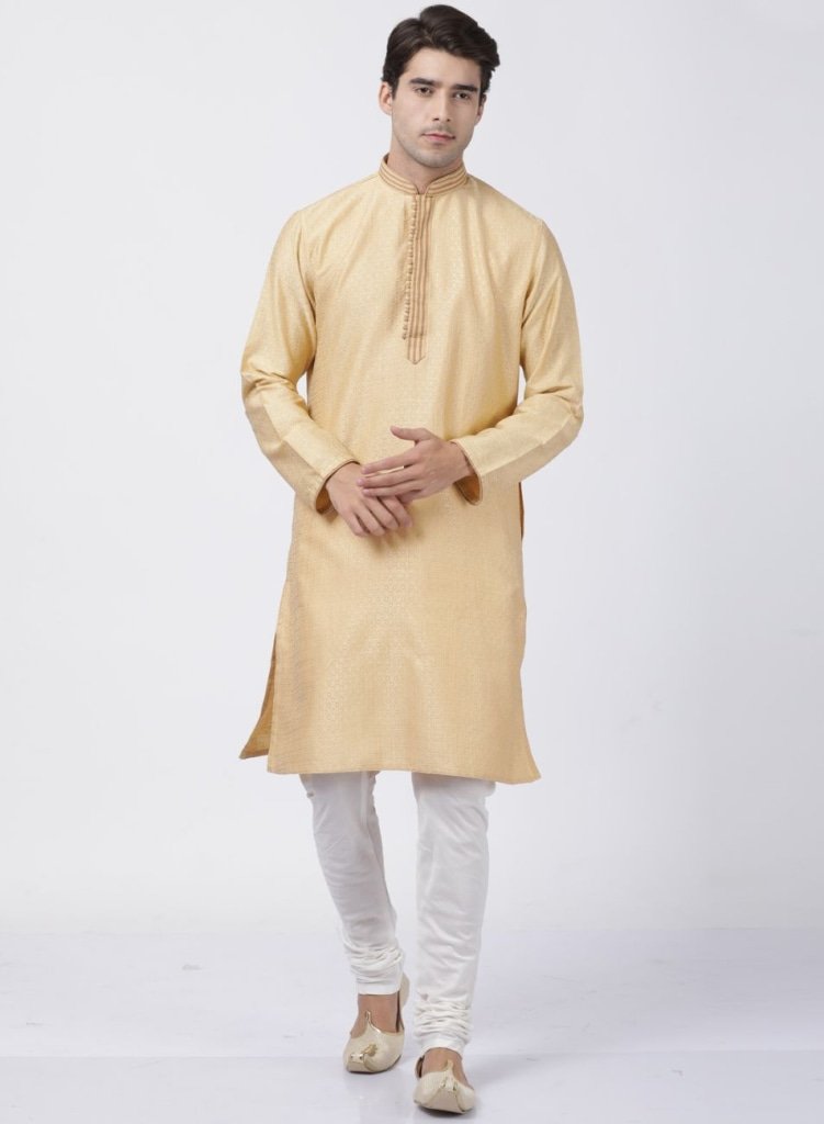 Men's Beige Cotton Silk Blend Kurta and Pyjama Set