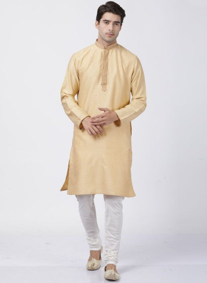 Men's Beige Cotton Silk Blend Kurta and Pyjama Set