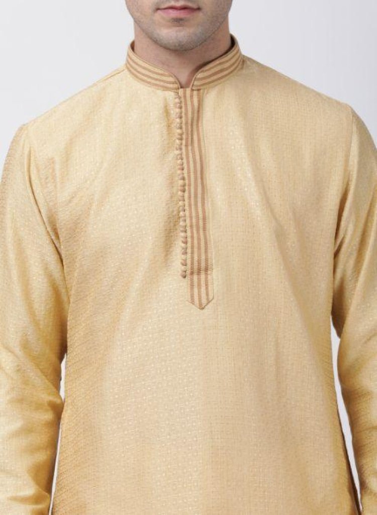 Men's Beige Cotton Silk Blend Kurta and Pyjama Set