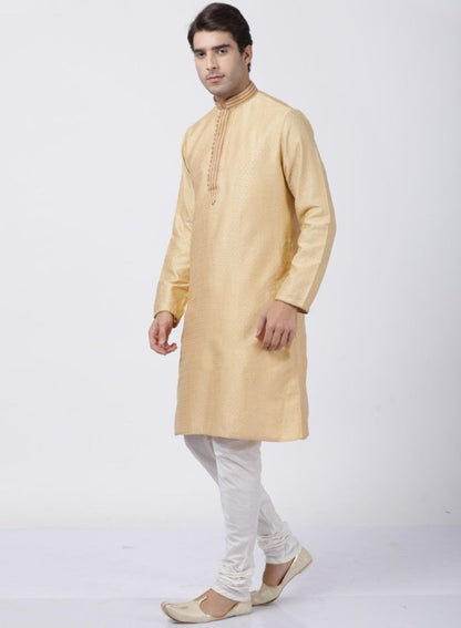 Men's Beige Cotton Silk Blend Kurta and Pyjama Set
