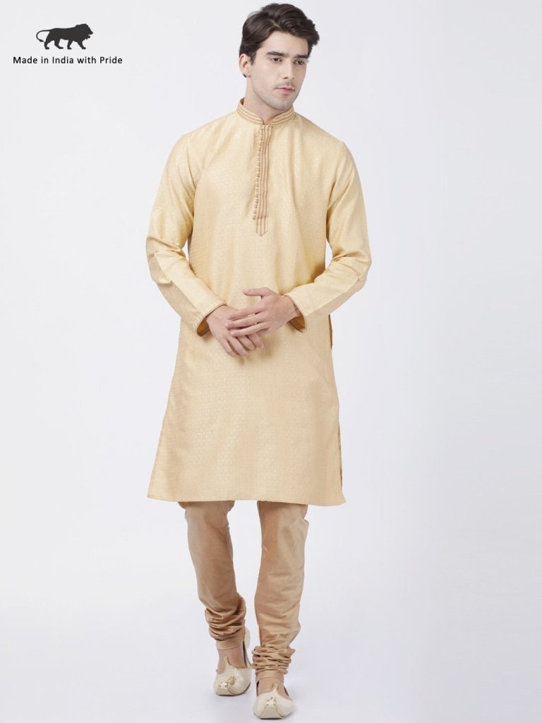 Men's Beige Cotton Silk Blend Kurta and Pyjama Set