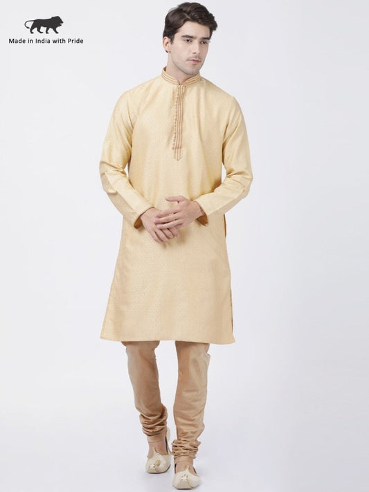 Men's Beige Cotton Silk Blend Kurta and Pyjama Set