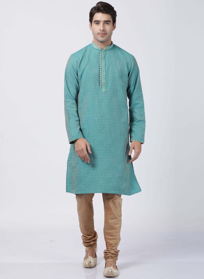 Men's Green Cotton Silk Blend Kurta