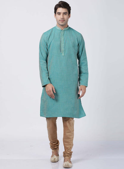 Men's Green Cotton Silk Blend Kurta