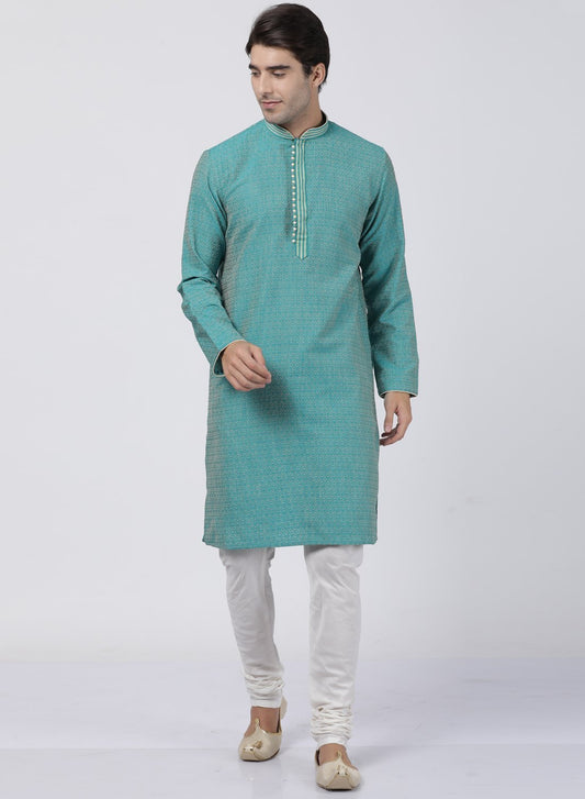 Men's Green Cotton Silk Blend Kurta and Pyjama Set