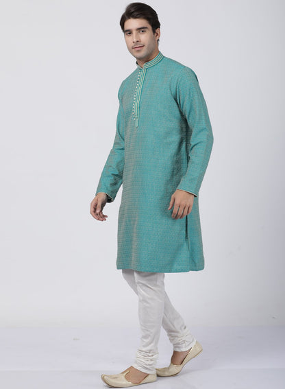 Men's Green Cotton Silk Blend Kurta and Pyjama Set
