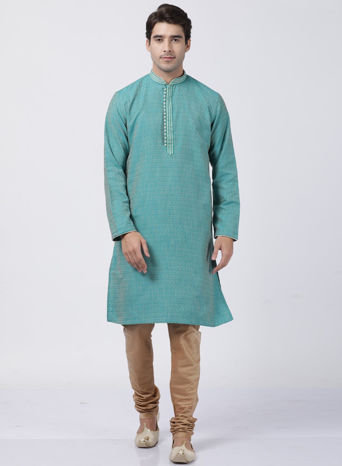 Men's Green Cotton Silk Blend Kurta and Pyjama Set