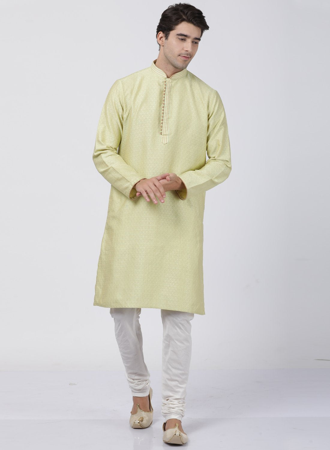 Men's Light Green Cotton Silk Blend Kurta and Pyjama Set