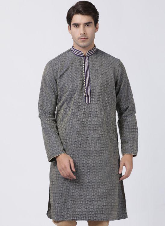 Men's Dark Blue Cotton Silk Blend Kurta