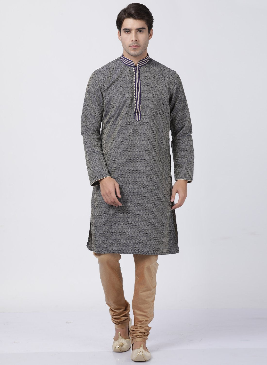Men's Dark Blue Cotton Silk Blend Kurta and Pyjama Set
