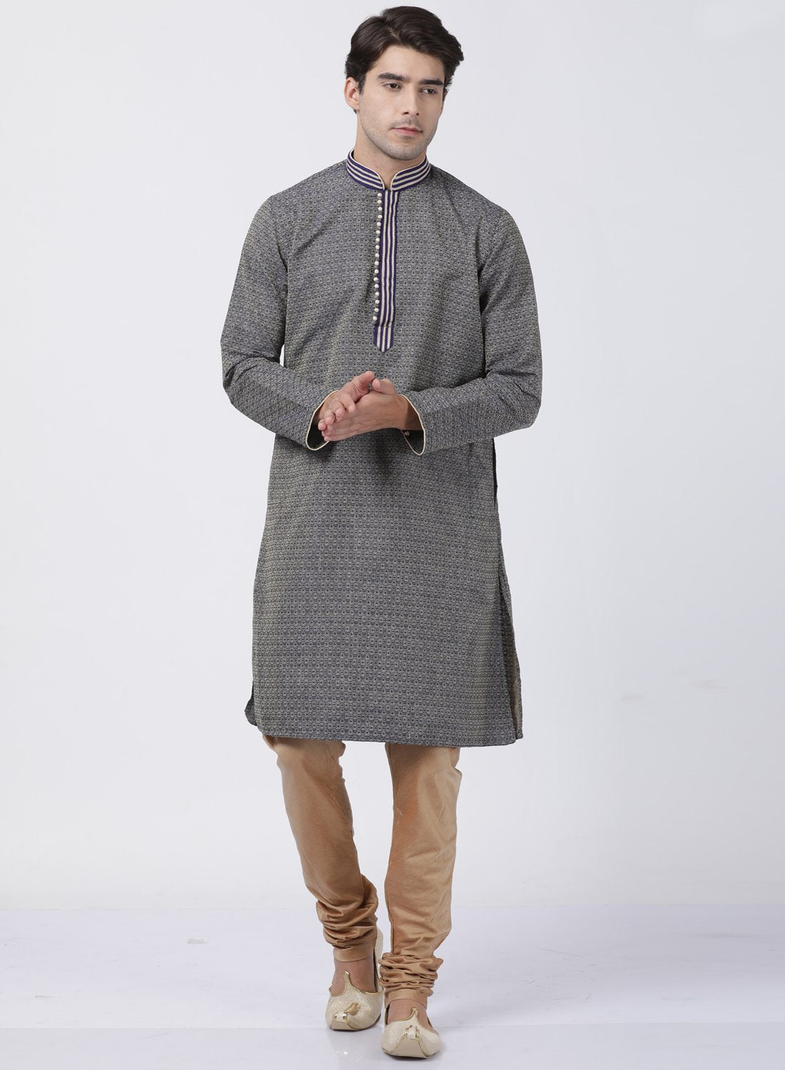 Men's Dark Blue Cotton Silk Blend Kurta and Pyjama Set