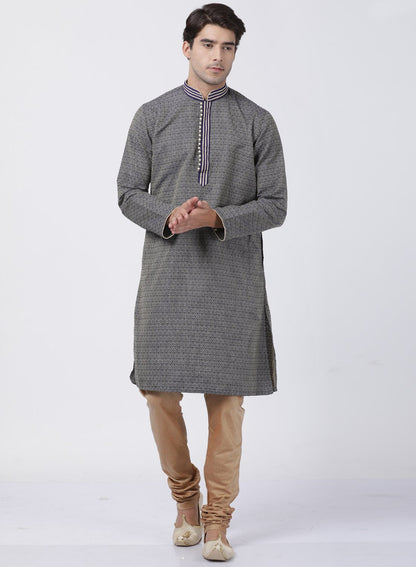 Men's Dark Blue Cotton Silk Blend Kurta and Pyjama Set