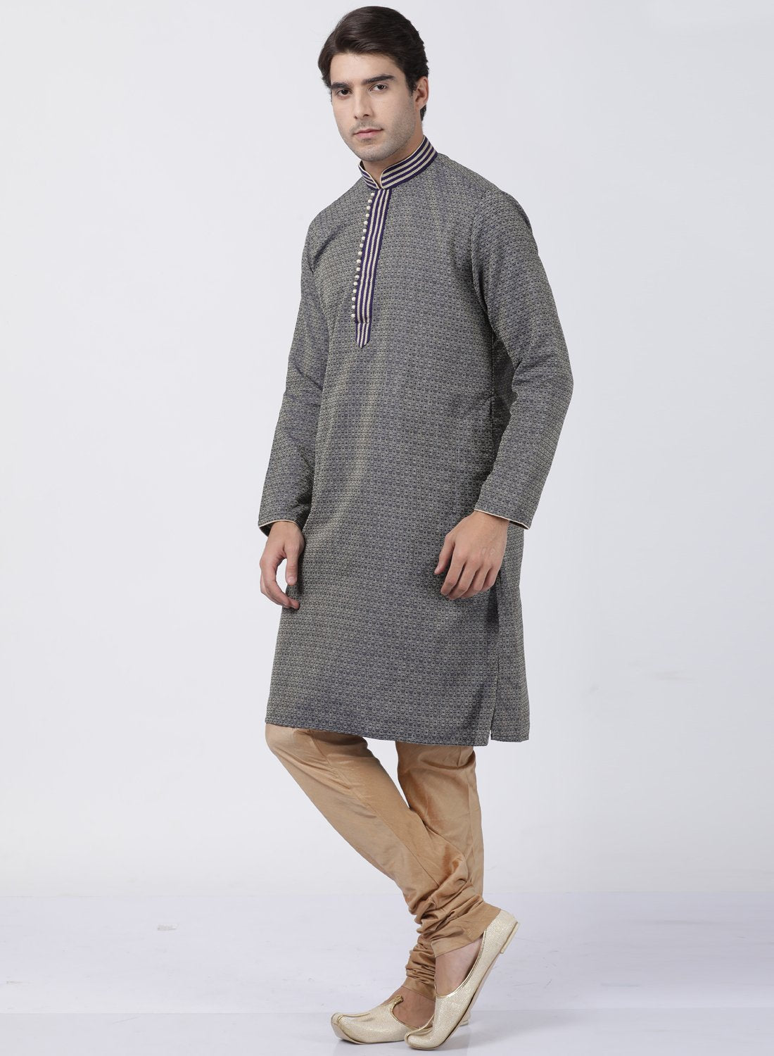 Men's Dark Blue Cotton Silk Blend Kurta and Pyjama Set