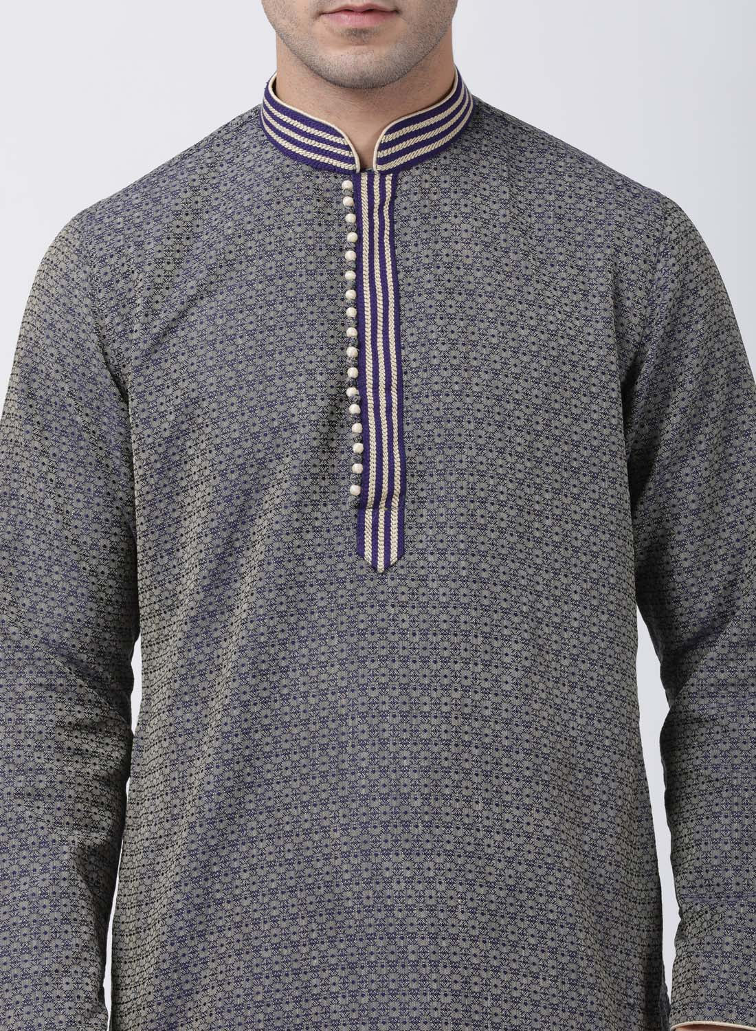 Men's Dark Blue Cotton Silk Blend Kurta and Pyjama Set