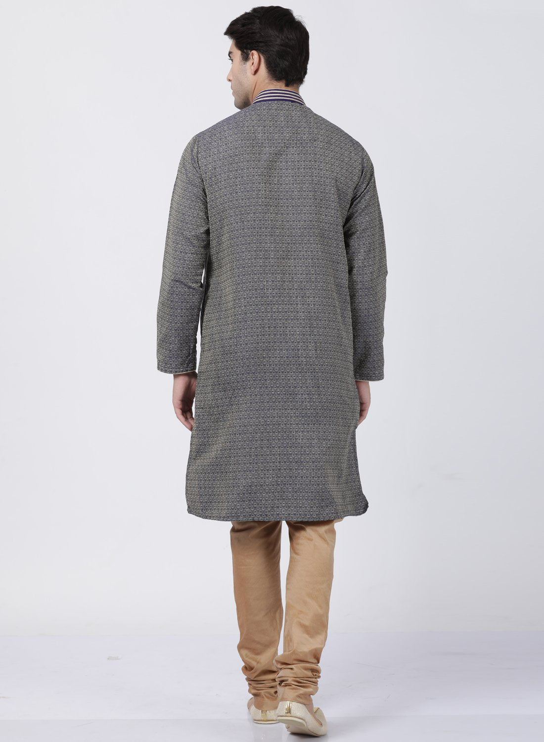 Men's Dark Blue Cotton Silk Blend Kurta and Pyjama Set