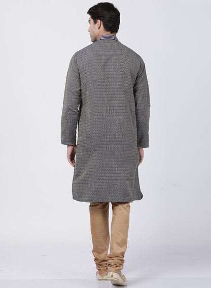 Men's Dark Blue Cotton Silk Blend Kurta and Pyjama Set