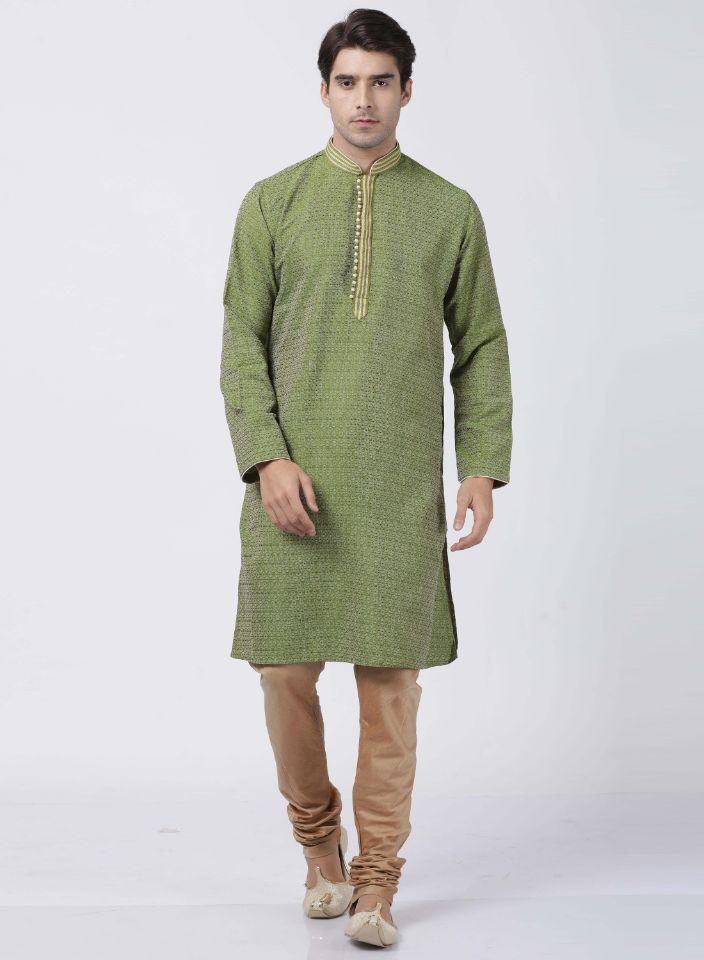 Men's Green Cotton Silk Blend Kurta