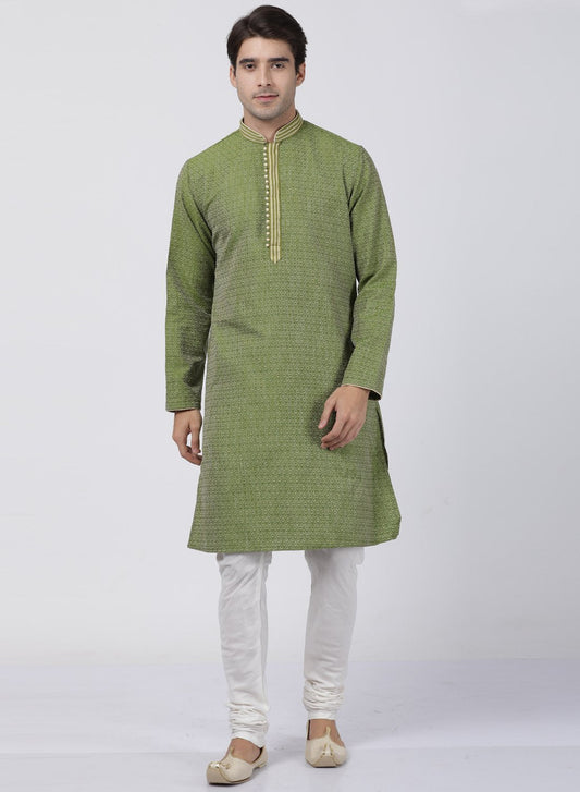 Men's Green Cotton Silk Blend Kurta and Pyjama Set